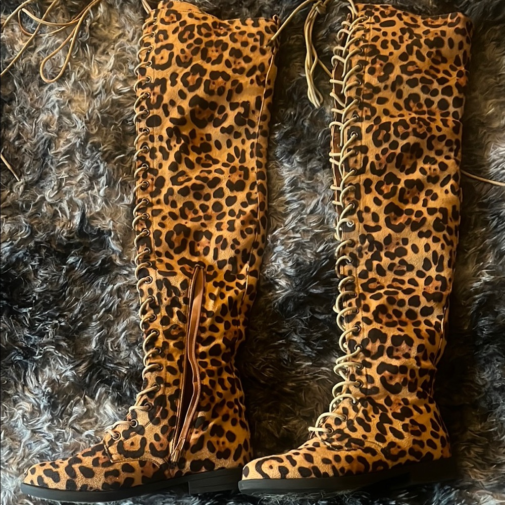 Leopard Print Lace-Up Knee-High Boots